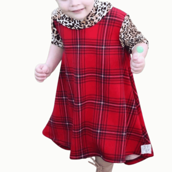 Christmas Toddlers Dress Red Plaid Leopard Print Hood A-line Size 2T/3T - Picture 3 of 7